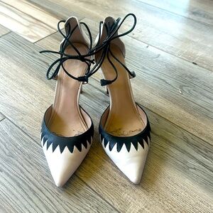 Cream & black tie around ankle heels